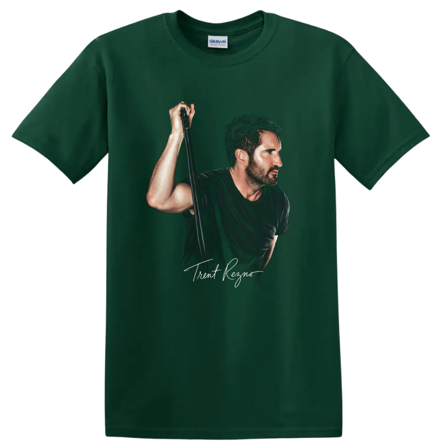 Trent Reznor Nine Inch Nails industrial rock portrait graphic print on a Forest Green T Shirt