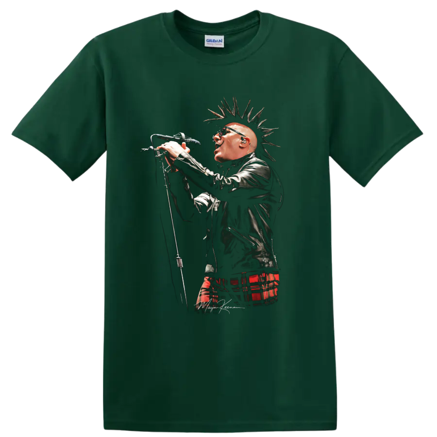 Maynard James Keenan singer portrait with spiked hair and red plaid on a Forest Green T Shirt