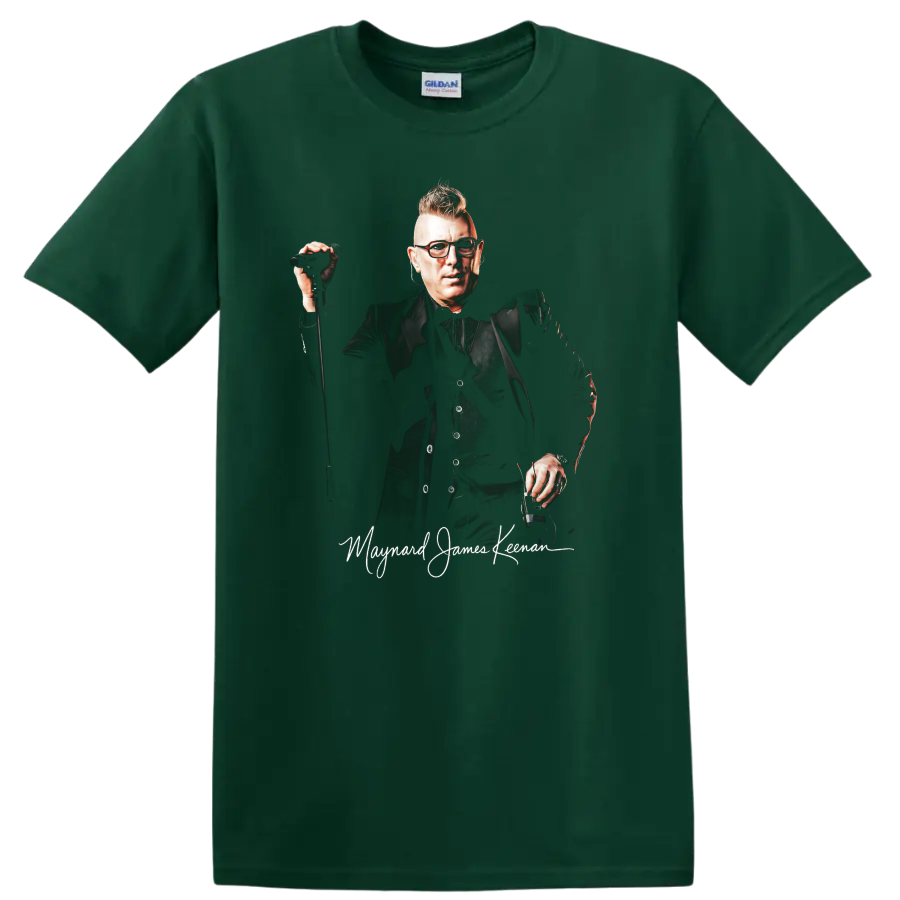 Maynard James Keenan rock portrait with microphone and distressed lettering on a Forest Green T Shirt