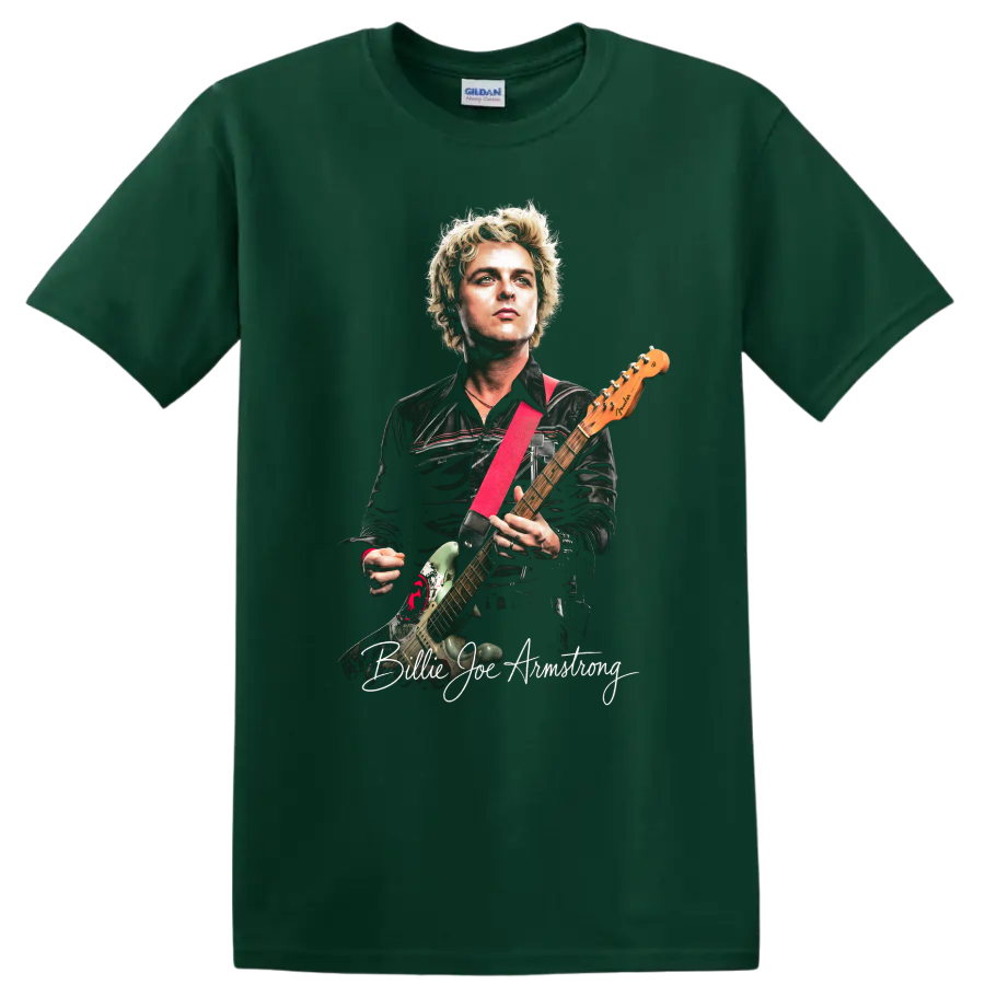 Billie Joe Armstrong Green Day guitar portrait graphic print on a Forest Green T Shirt