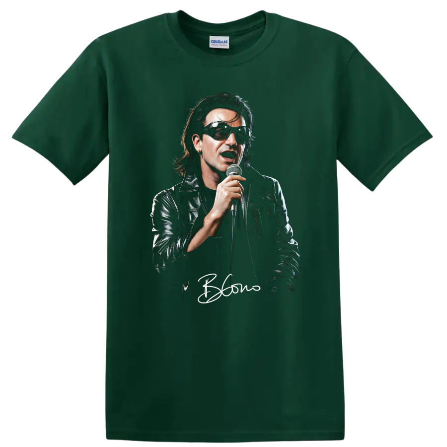 Bono U2 portrait graphic print with microphone, sunglasses, and leather jacket on a Forest Green T Shirt