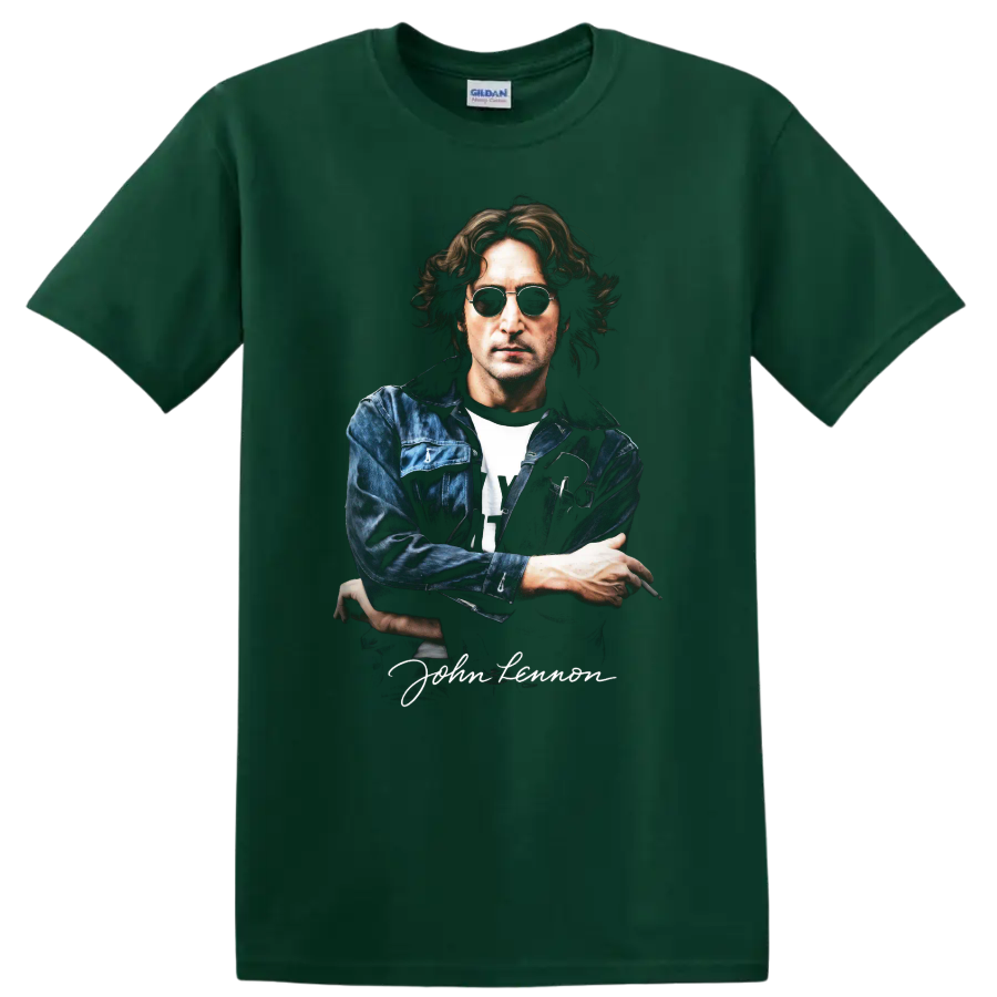John Lennon portrait graphic with sunglasses and denim jacket on a Forest Green T Shirt