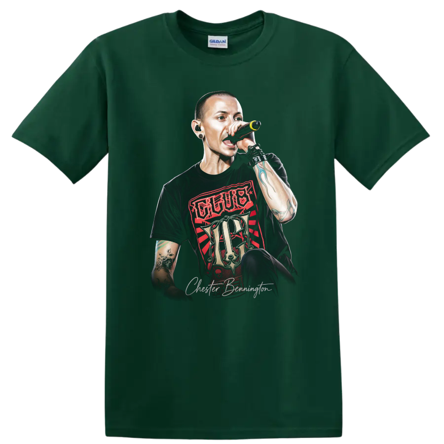 Chester Bennington performing with microphone in bold red and black rock art on a Forest Green T Shirt