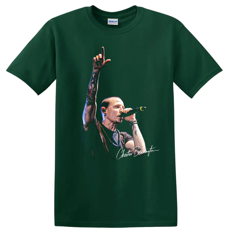 Chester Bennington Linkin Park live performance graphic portrait on a Forest Green T Shirt