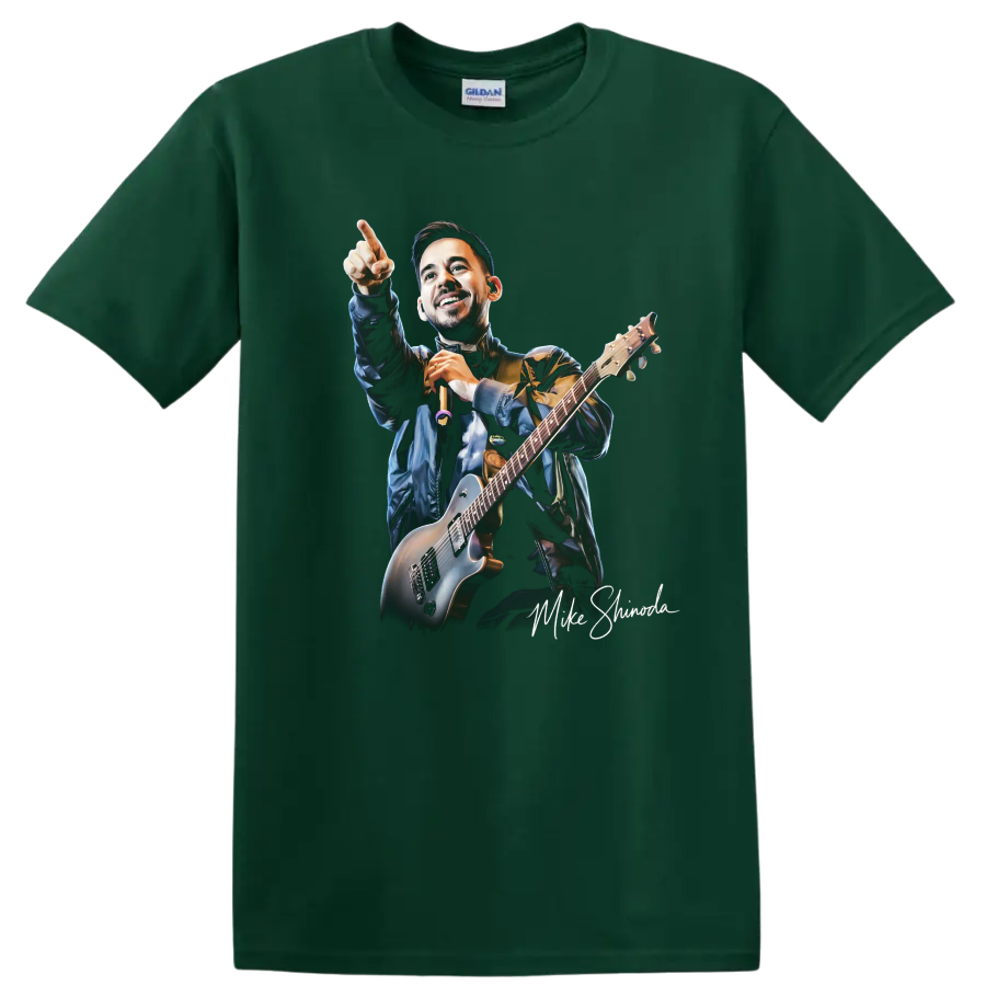 Mike Shinoda playing guitar and pointing in a dynamic concert portrait on a Forest Green T Shirt