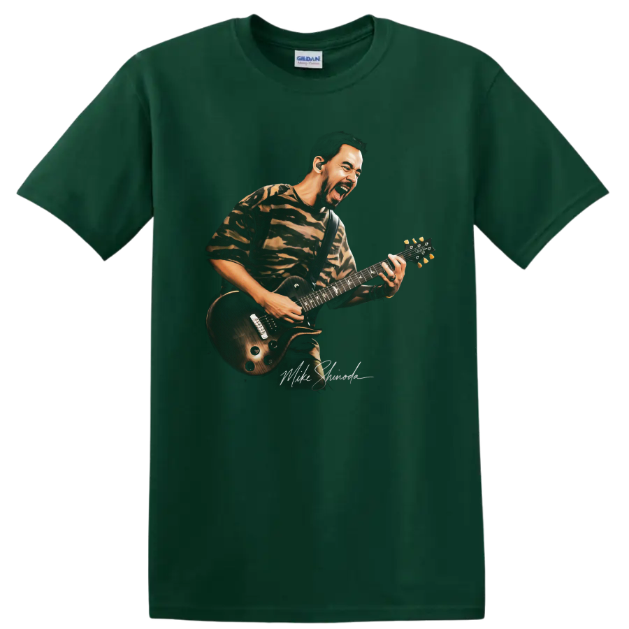Mike Shinoda playing guitar rock music graphic on a Forest Green T Shirt