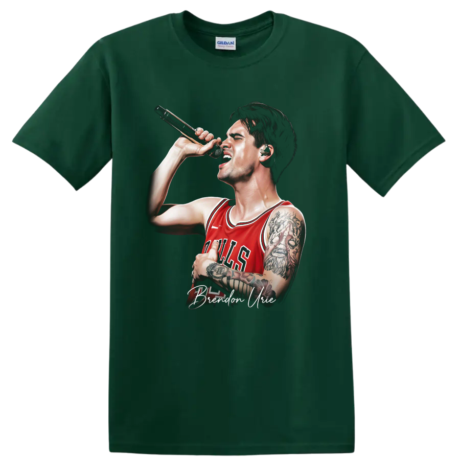Brendon Urie singing into a microphone in a Bulls jersey graphic on a Forest Green T Shirt