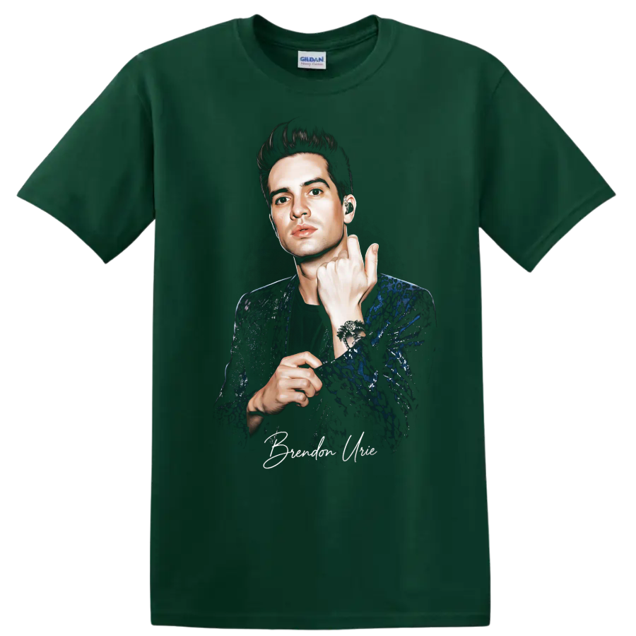 Brendon Urie portrait graphic print in a dramatic performance pose on a Forest Green T Shirt
