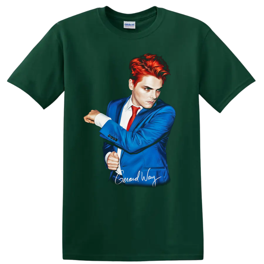 Gerard Way portrait in blue suit and red tie, stylized music fan art on a Forest Green T Shirt