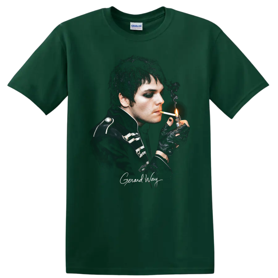 Gerard Way gothic My Chemical Romance portrait with smoky lighting on a Forest Green T Shirt