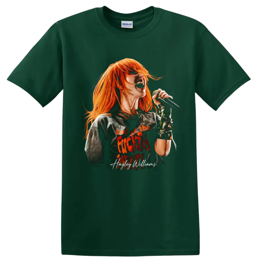 Hayley Williams singing into a microphone in bold rock fan art on a Forest Green T Shirt