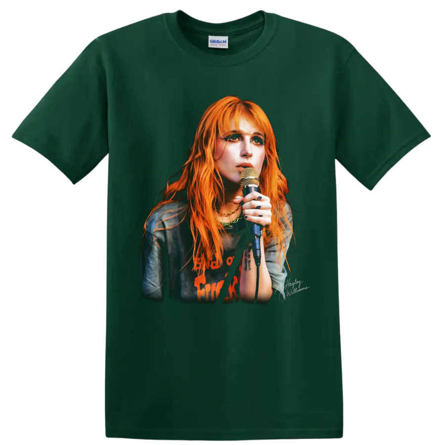Hayley Williams Paramore rock music poster portrait with microphone on a Forest Green T Shirt
