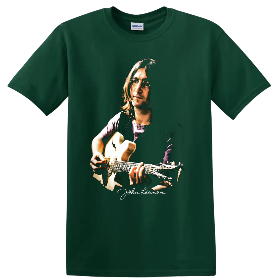 John Lennon portrait playing acoustic guitar, moody music artwork on a Forest Green T Shirt