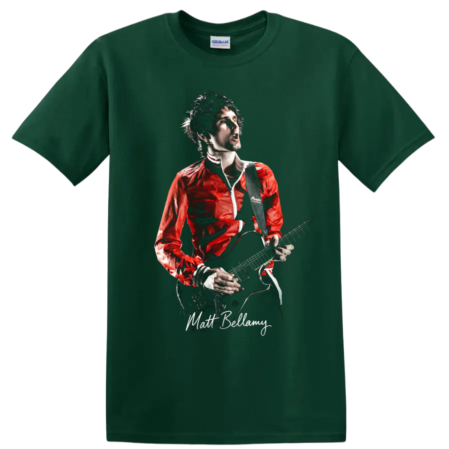 Matt Bellamy of Muse playing electric guitar in bold rock performance artwork on a Forest Green T Shirt