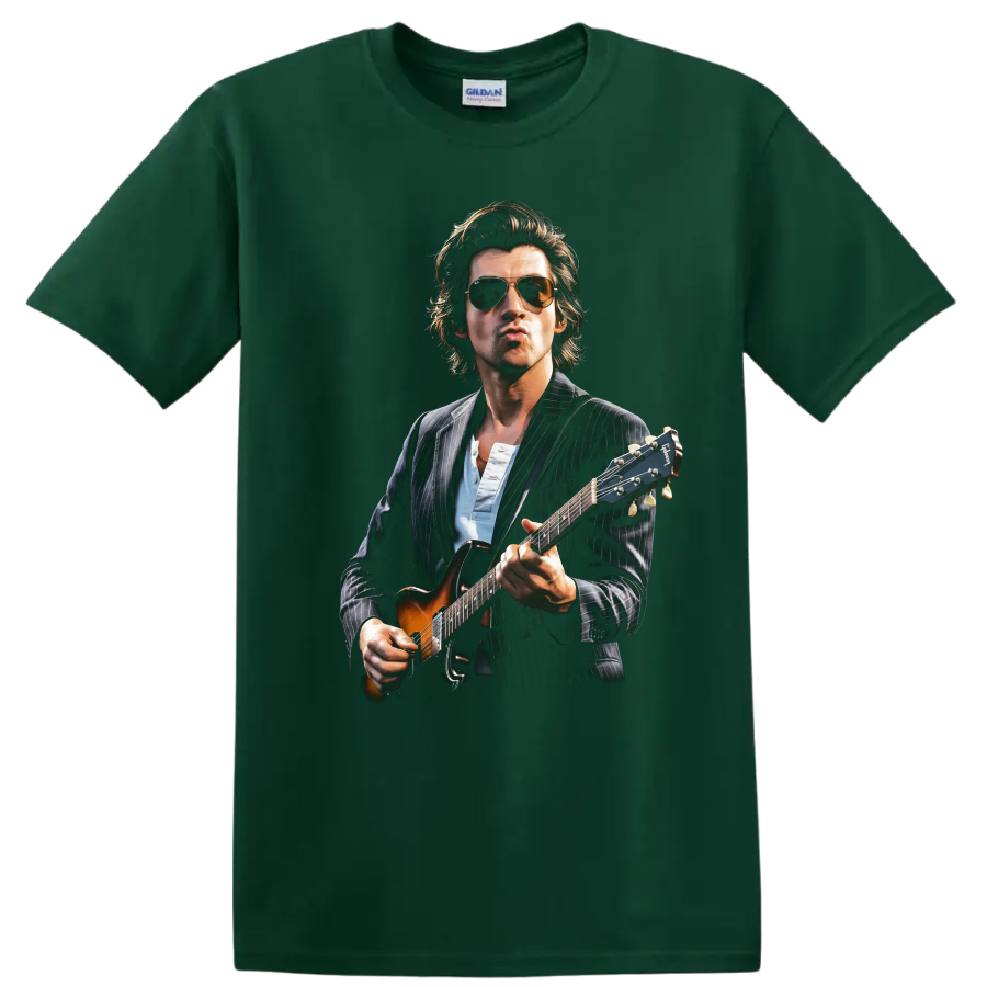 Alex Turner of Arctic Monkeys playing guitar in a realistic portrait on a Forest Green T Shirt