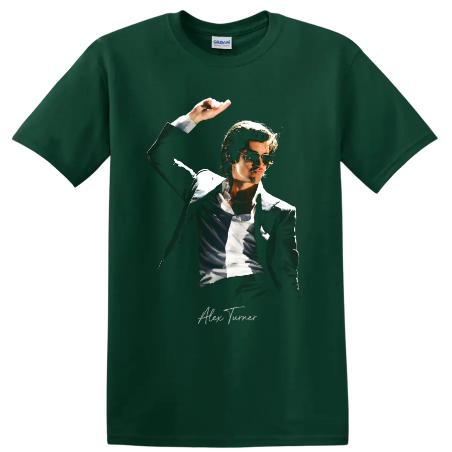 Alex Turner Arctic Monkeys sunglasses portrait graphic print on a Forest Green T Shirt