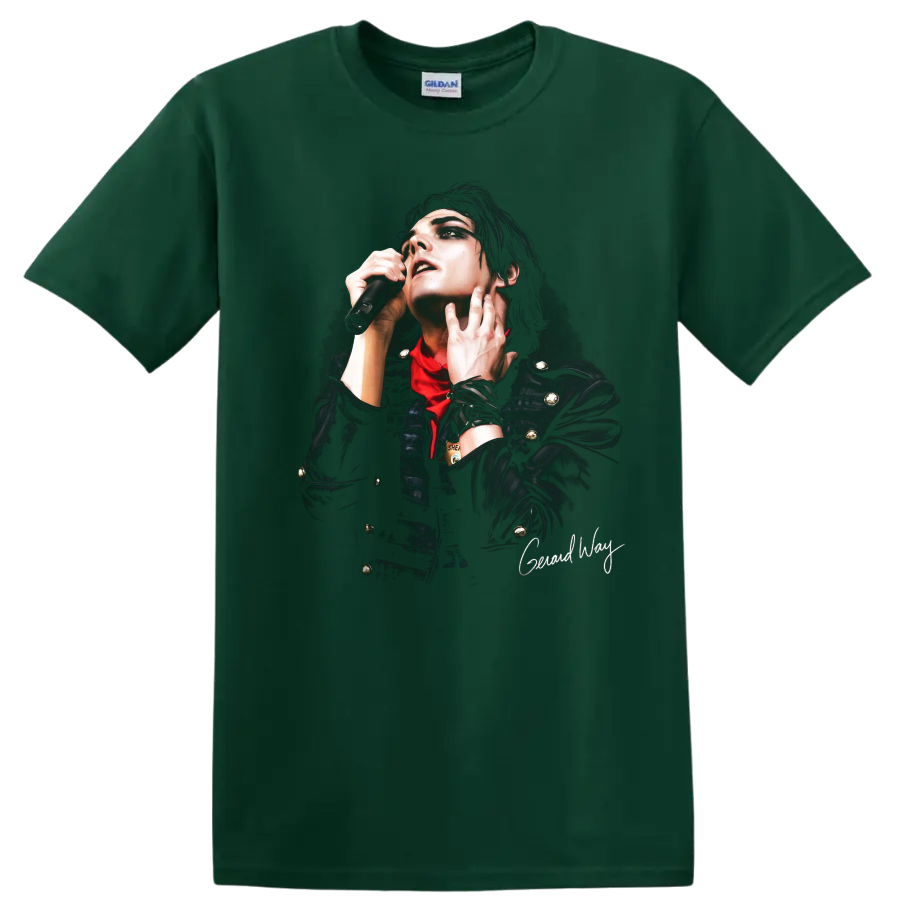 Gerard Way performing in dramatic Black Parade era graphic portrait on a Forest Green T Shirt