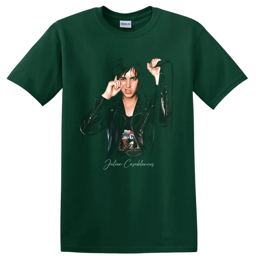 Julian Casablancas portrait with microphone, illustrated rock music design on a Forest Green T Shirt