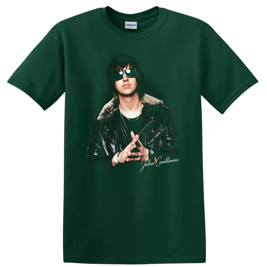 Julian Casablancas portrait with sunglasses and leather jacket on a Forest Green T Shirt