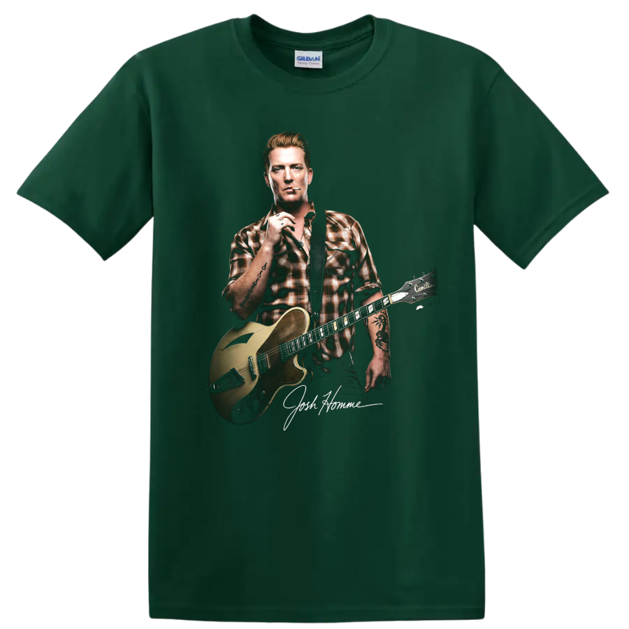 Josh Homme guitar portrait graphic with Queens of the Stone Age rock style on a Forest Green T Shirt