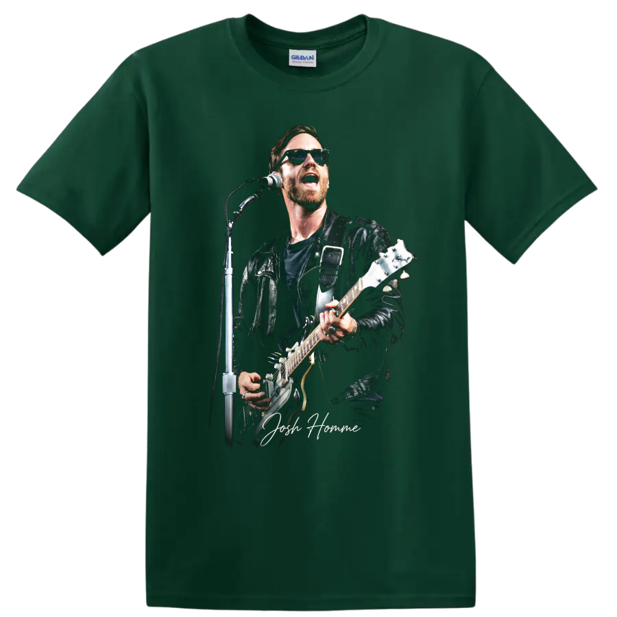 Josh Homme performing with guitar in a dark illustrated rock portrait on a Forest Green T Shirt