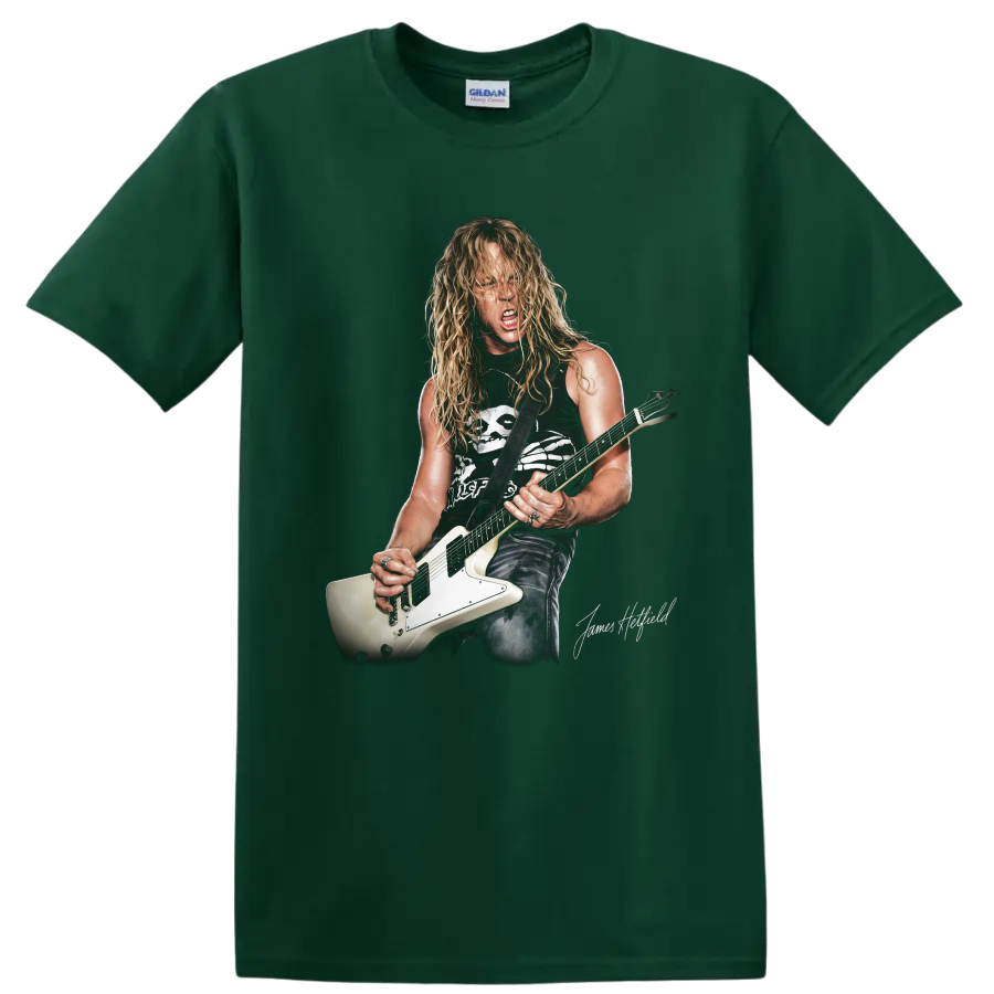 James Hetfield of Metallica playing a white Explorer guitar, heavy metal artwork on a Forest Green T Shirt