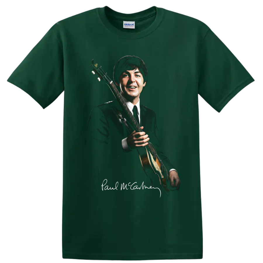 Paul McCartney holding a Höfner bass guitar in a classic rock portrait on a Forest Green T Shirt