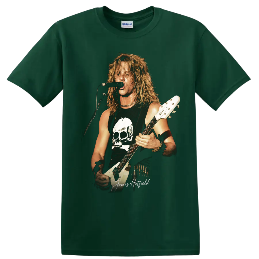 James Hetfield Metallica guitarist performing with a skull graphic on a Forest Green T Shirt
