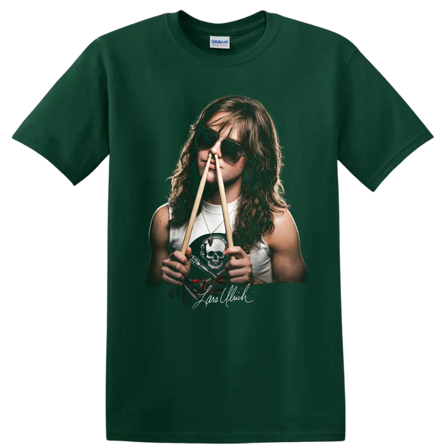 Lars Ulrich heavy metal drummer portrait with sunglasses and drumsticks on a Forest Green T Shirt