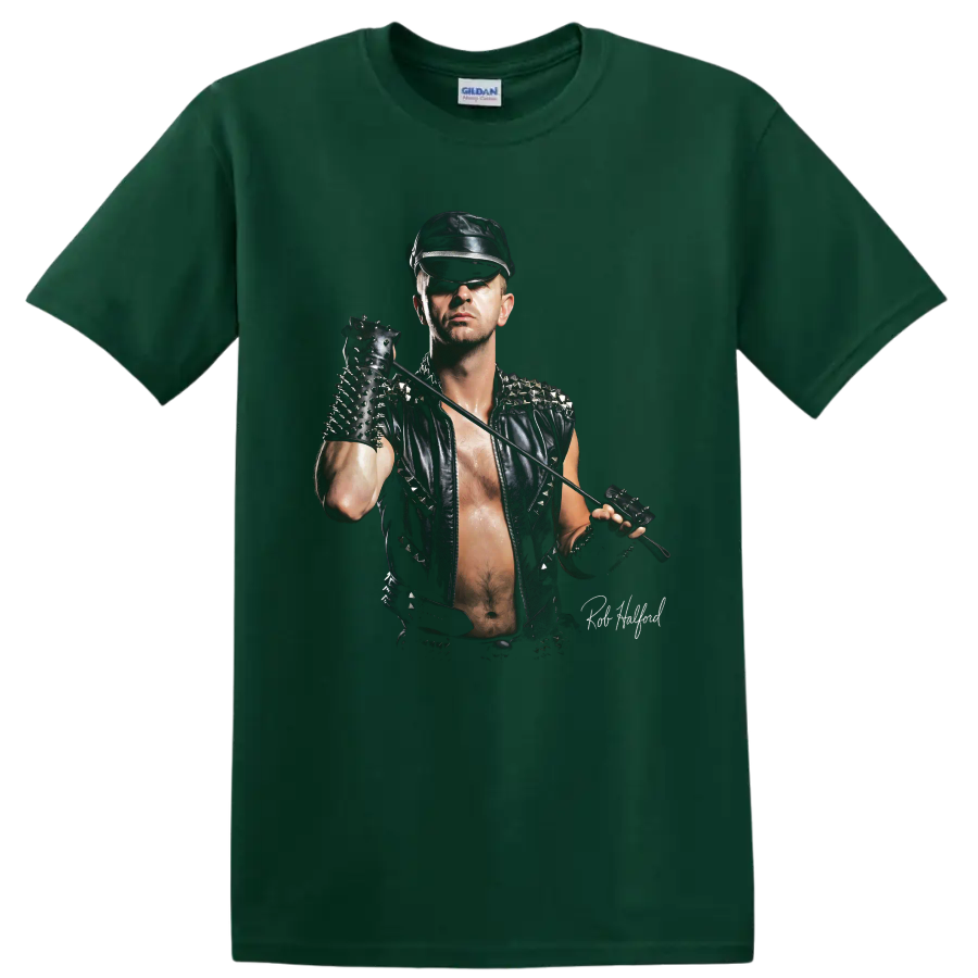 Rob Halford Judas Priest heavy metal stage portrait graphic on a Forest Green T Shirt