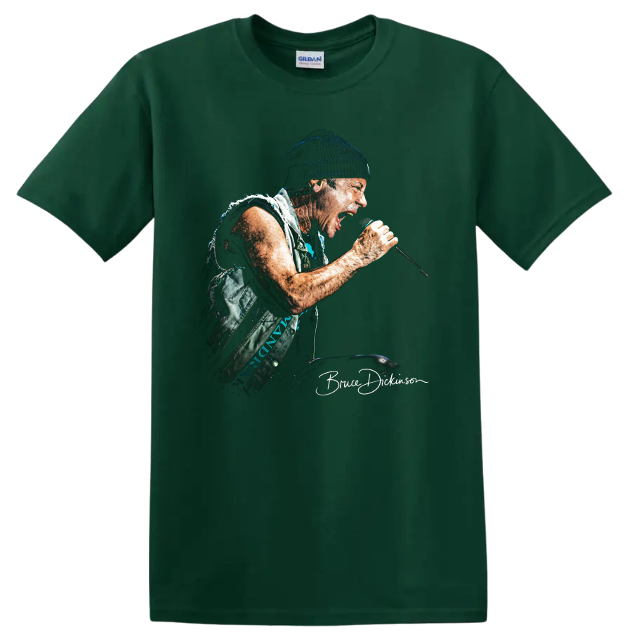Bruce Dickinson of Iron Maiden performing with a microphone in gritty metal art on a Forest Green T Shirt