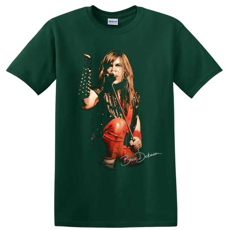 Bruce Dickinson Iron Maiden heavy metal stage performance graphic on a Forest Green T Shirt