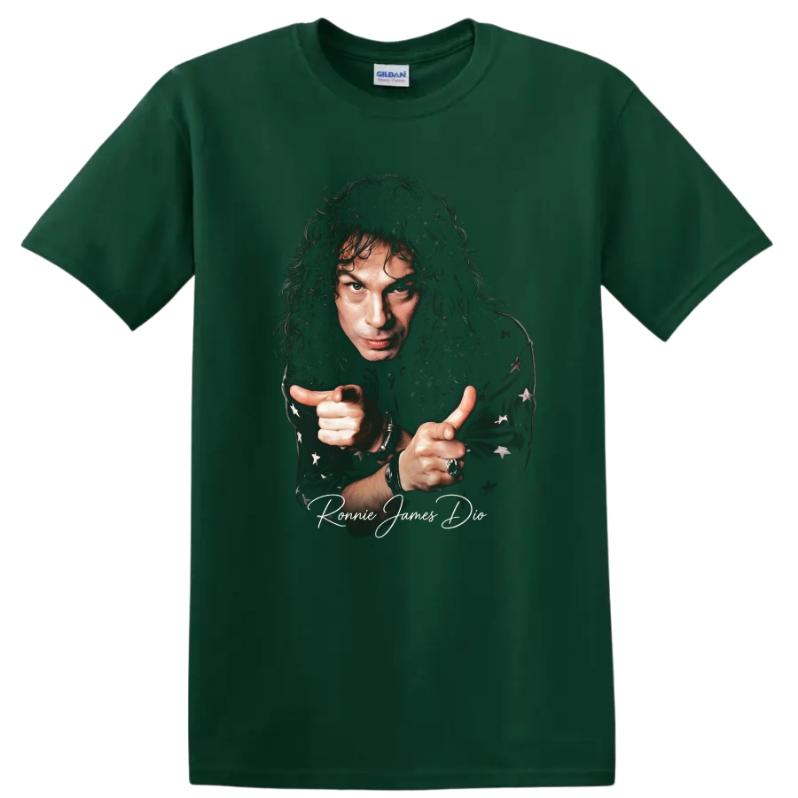 Ronnie James Dio portrait heavy metal graphic with signature on a Forest Green T Shirt