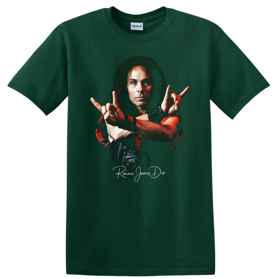 Ronnie James Dio heavy metal portrait with dramatic red accents on a Forest Green T Shirt