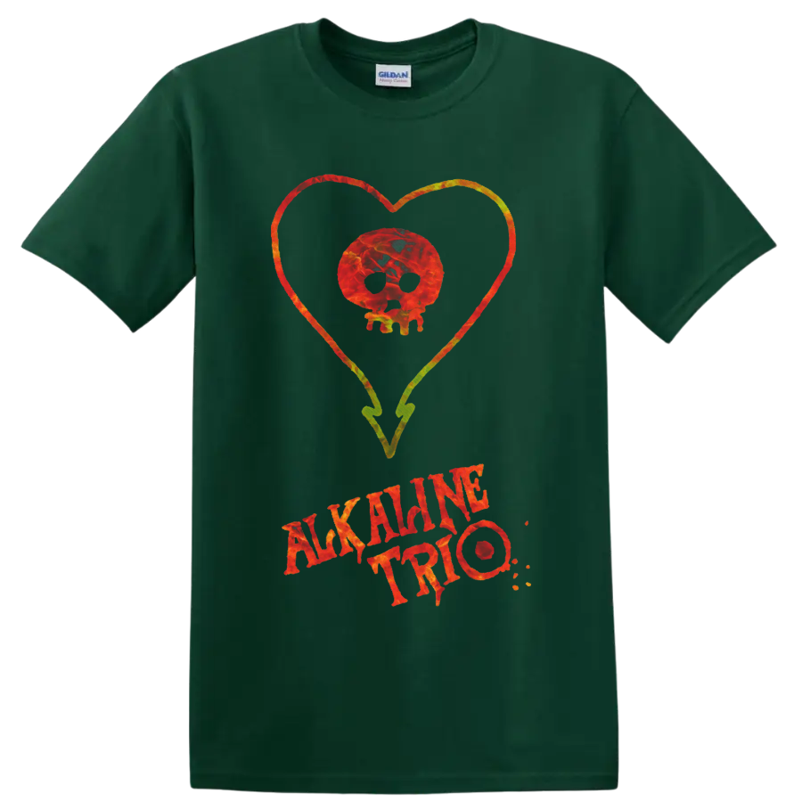 Alkaline Trio skull inside a colorful heart with distressed band lettering on a Forest Green T Shirt