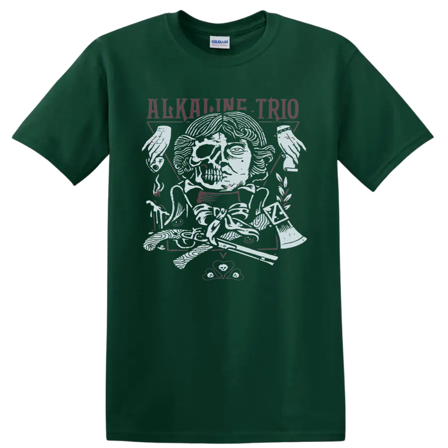 Alkaline Trio winged skull and roses punk rock graphic on a Forest Green T Shirt