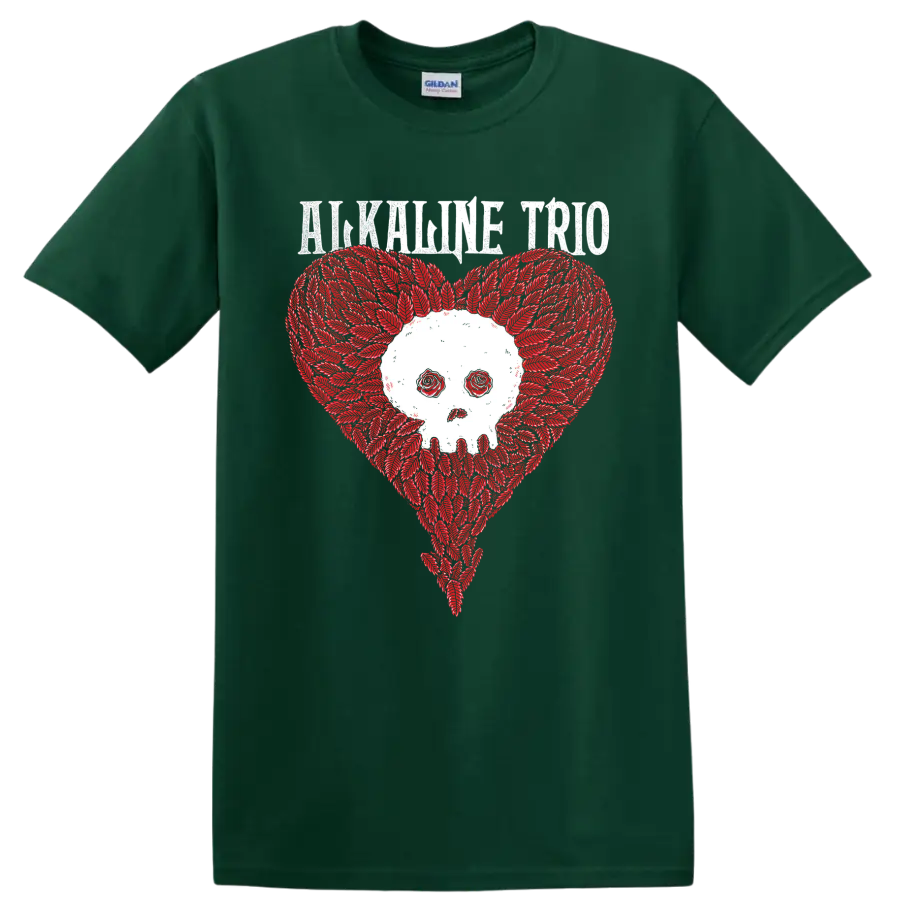 Alkaline Trio distressed skull heart punk rock graphic on a Forest Green T Shirt