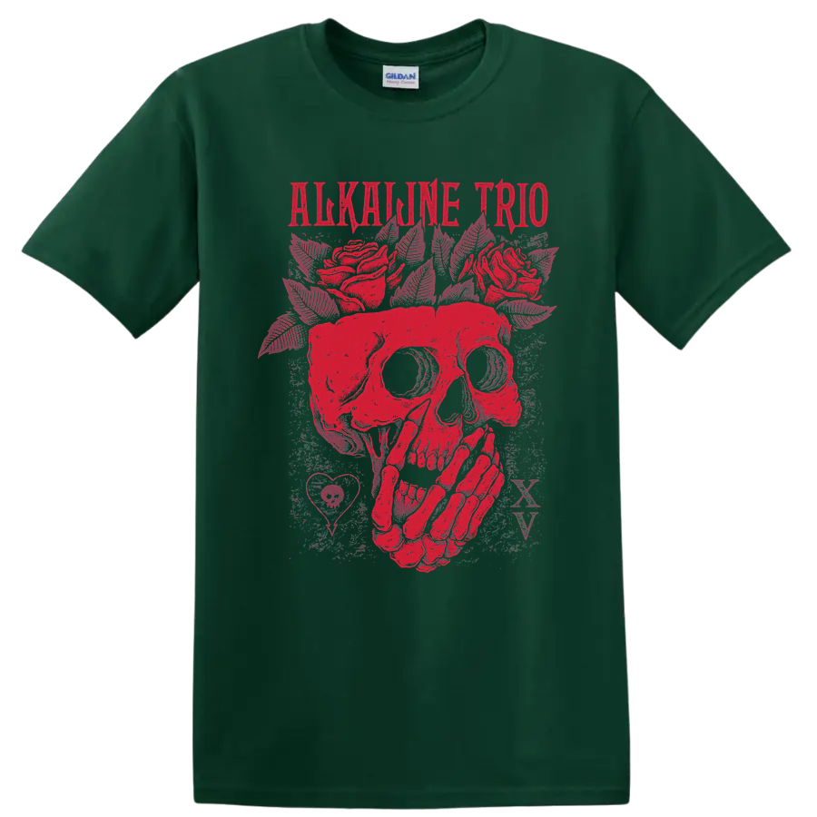 Alkaline Trio distressed red skull and roses punk rock graphic on a Forest Green T Shirt