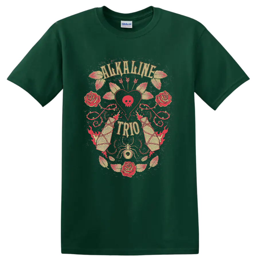Alkaline Trio distressed punk rock rose heart graphic with ornate details on a Forest Green T Shirt