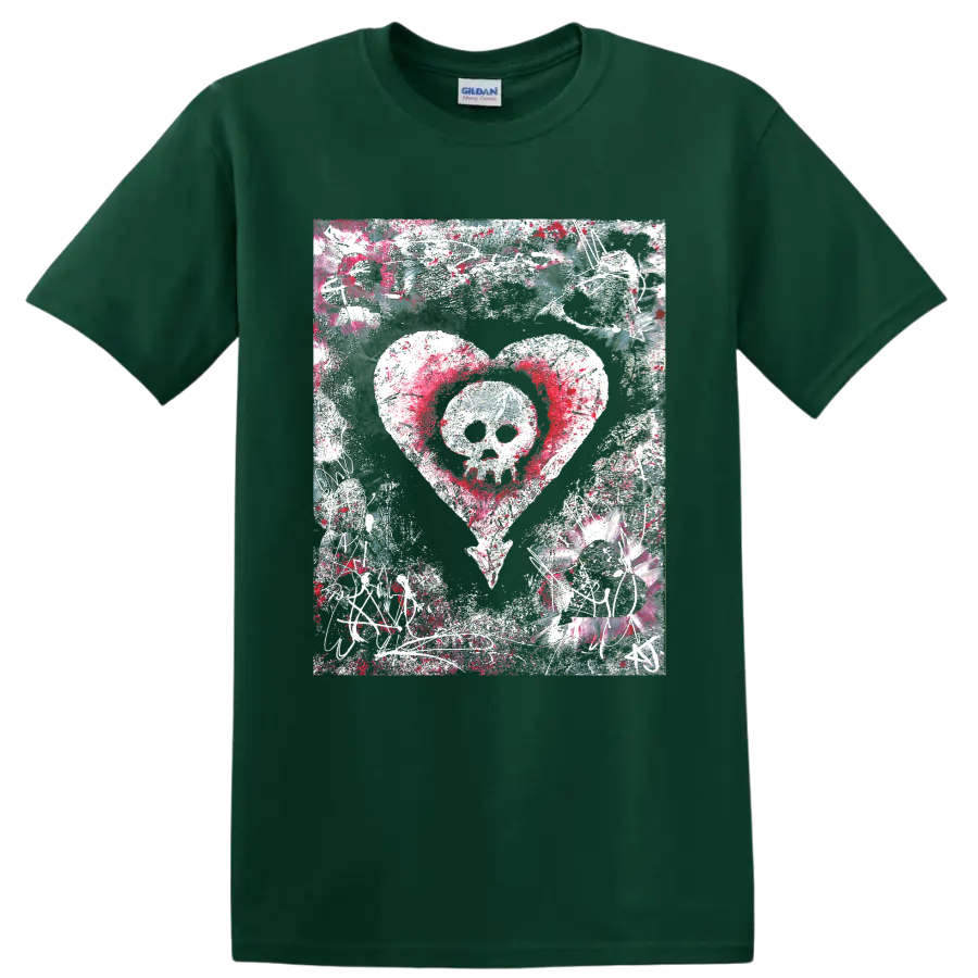 Alkaline Trio skull inside heart punk rock distressed graphic print on a Forest Green T Shirt