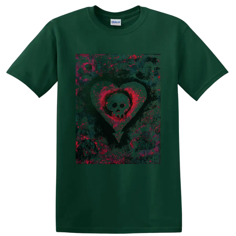 Alkaline Trio skull inside a heart, distressed punk rock graphic on a Forest Green T Shirt