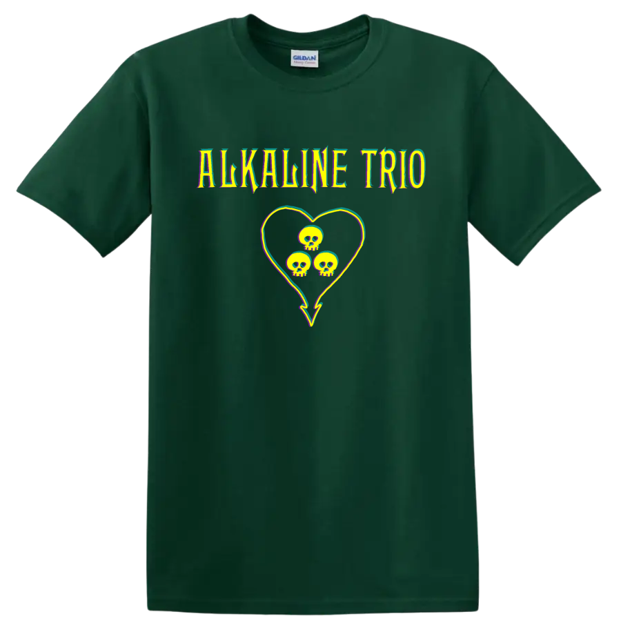 Alkaline Trio punk rock skull heart graphic with colorful glitch accents on a Forest Green T Shirt