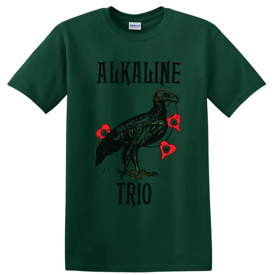 Alkaline Trio punk rock raven with red hearts graphic print on a Forest Green T Shirt