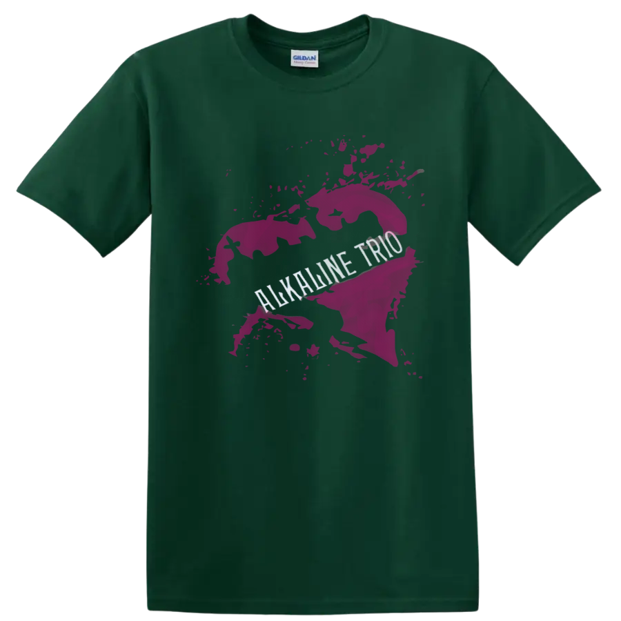 Alkaline Trio punk rock graphic with pink paint splash and distressed lettering on a Forest Green T Shirt