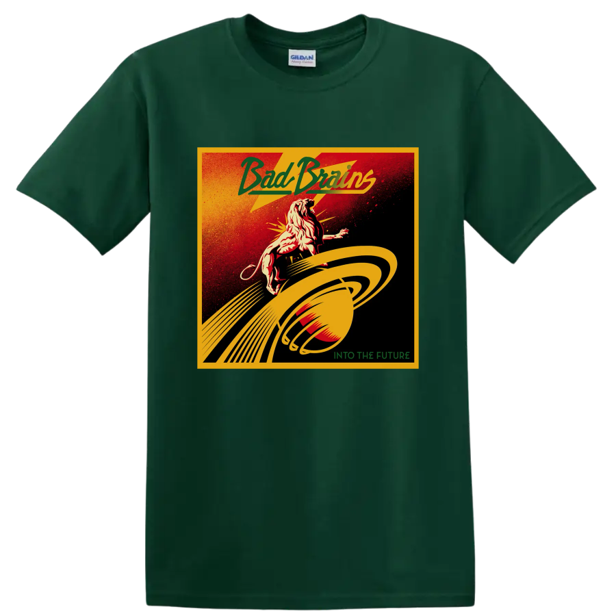 Bad Brains distressed punk rock lion and planetary rings Into the Future design on a Forest Green T Shirt