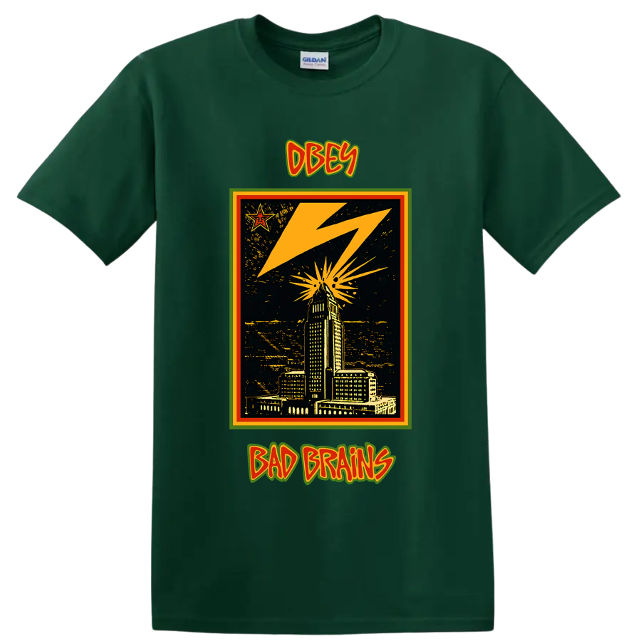 Bad Brains OBEY lightning city skyline punk rock graphic on a Forest Green T Shirt