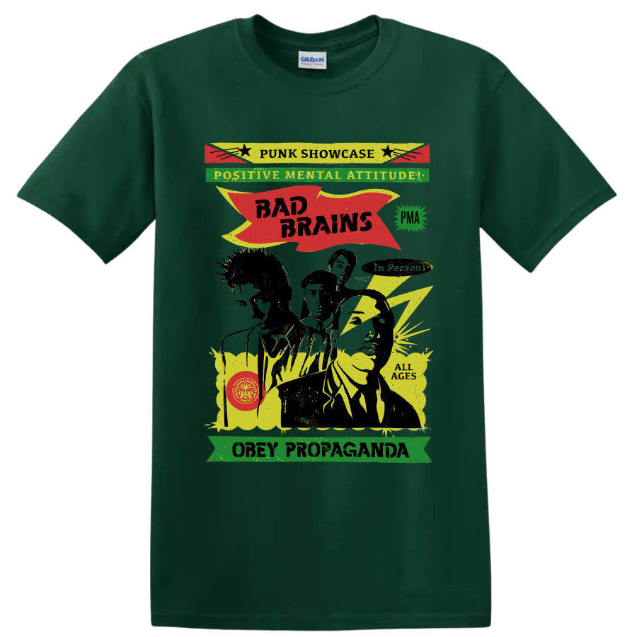 Bad Brains punk rock graphic with Positive Mental Attitude lettering on a Forest Green T Shirt