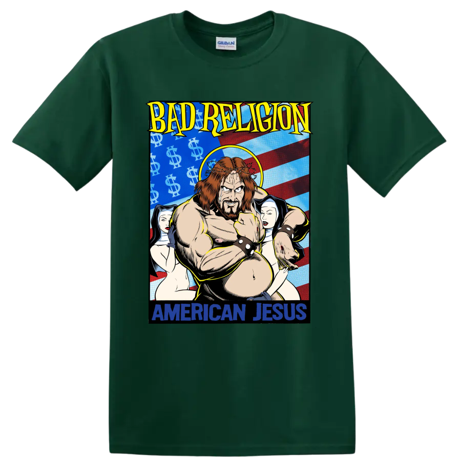 Bad Religion American Jesus comic-style punk rock graphic print on a Forest Green T Shirt