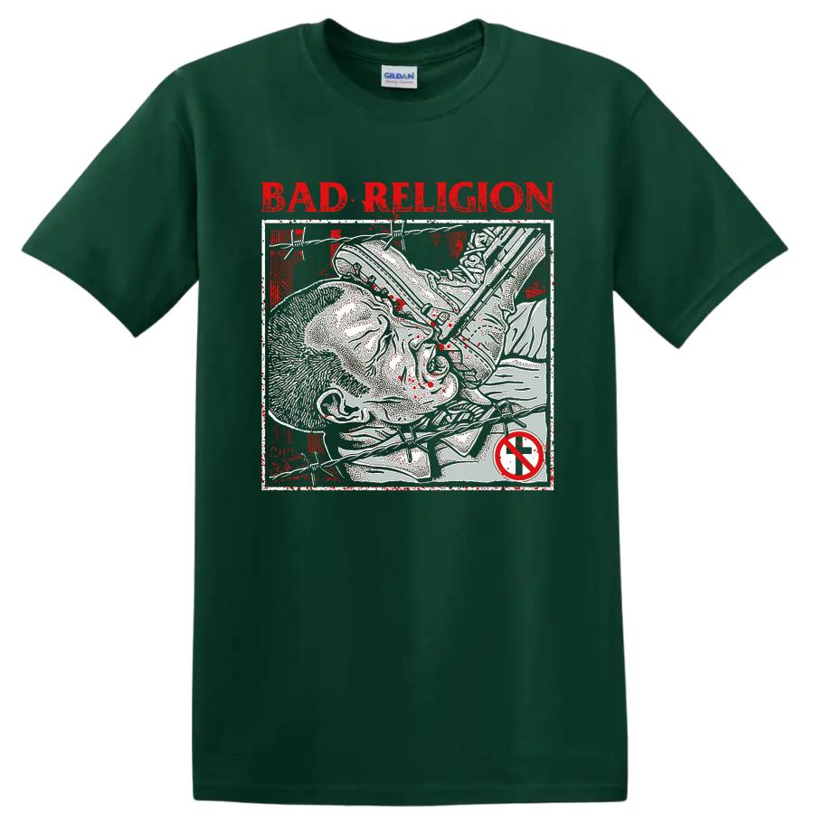 Bad Religion distressed punk rock lettering and skeletal graphic on a Forest Green T Shirt