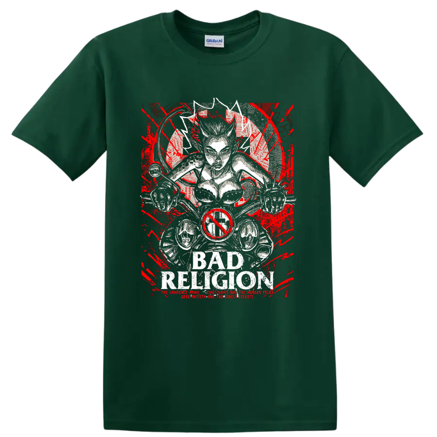 Bad Religion distressed punk rock skeletal graphic with red accents on a Forest Green T Shirt